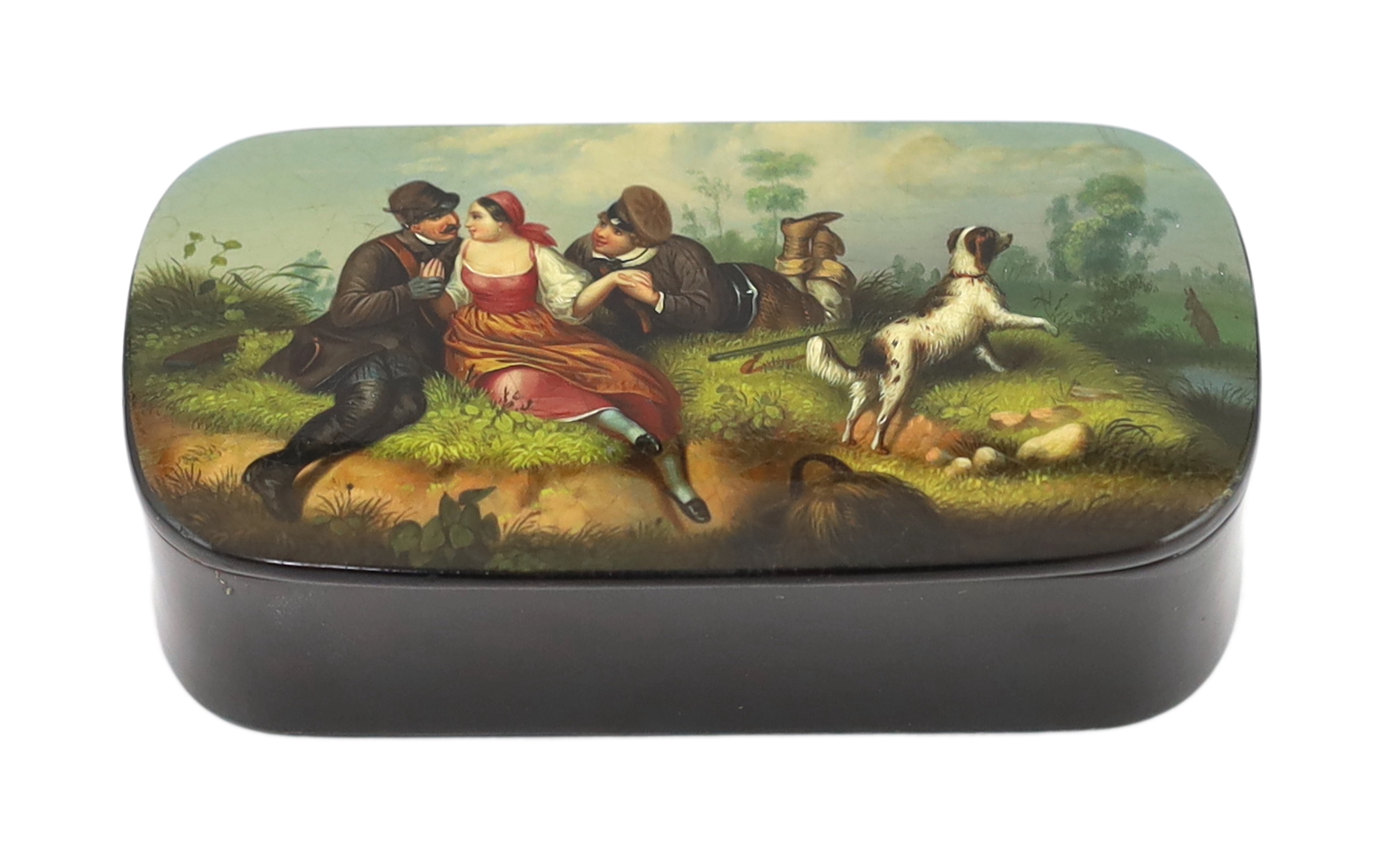 A fine Russian lacquer ‘Girl with admirers’ snuff box, by Lukutin, c.1840